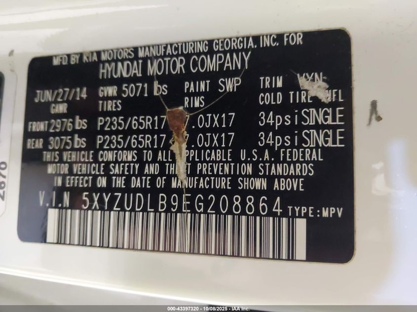 2014 Hyundai Santa Fe Sport 2.4L VIN: 5XYZUDLB9EG208864 Lot: 43397320