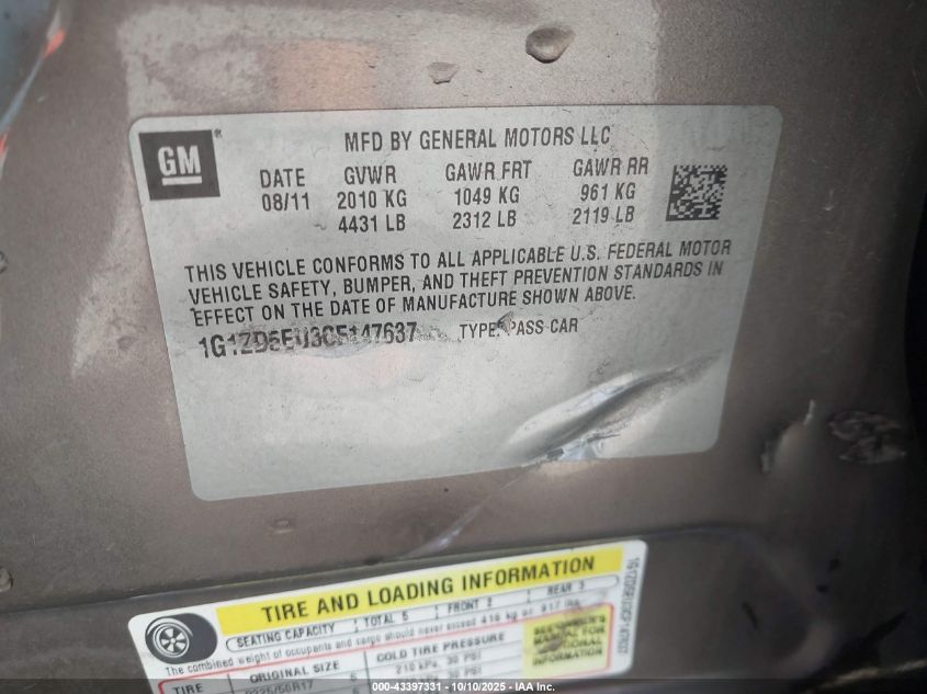 2012 Chevrolet Malibu 2Lt VIN: 1G1ZD5EU3CF147637 Lot: 43397331