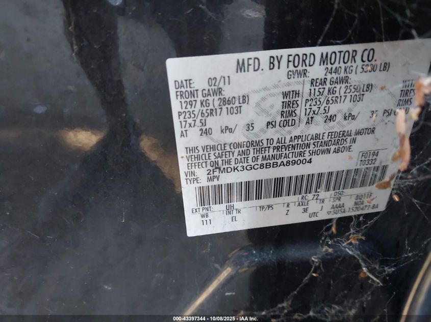 2011 Ford Edge Se VIN: 2FMDK3GC8BBA89004 Lot: 43397344