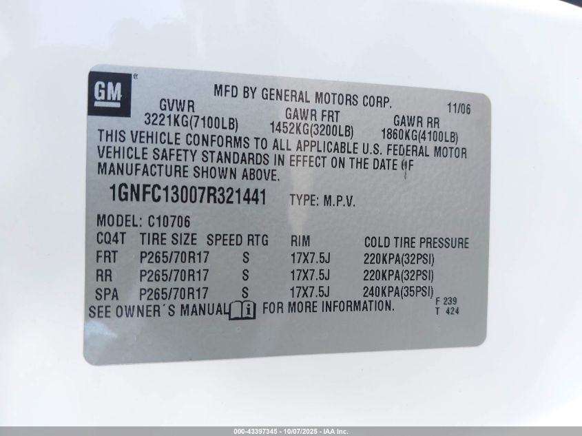 2007 Chevrolet Tahoe Lt VIN: 1GNFC13007R321441 Lot: 43397345