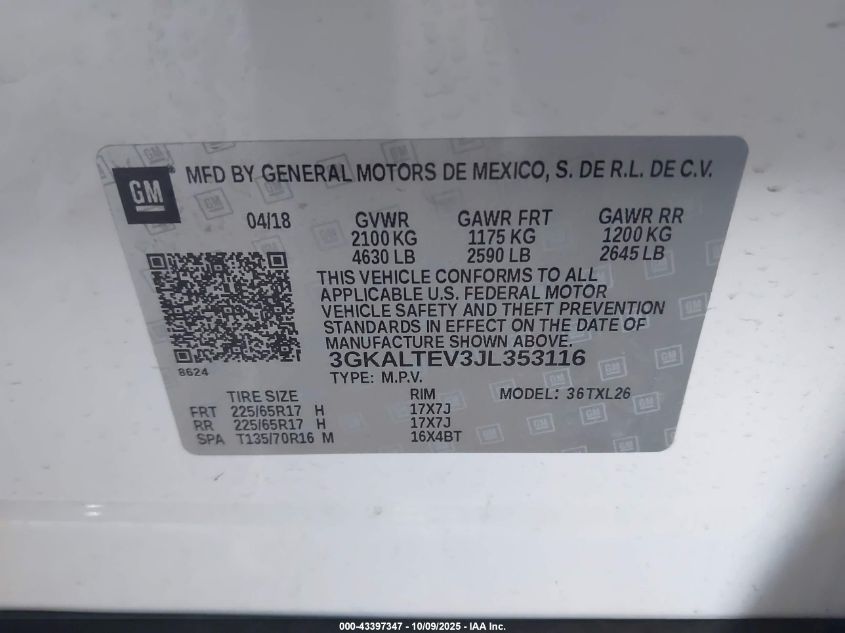 2018 GMC Terrain Sle VIN: 3GKALTEV3JL353116 Lot: 43397347