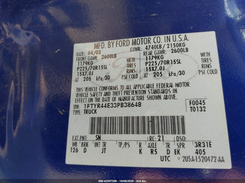 2003 Ford Ranger Xlt VIN: 1FTYR44E33PB38648 Lot: 43397386
