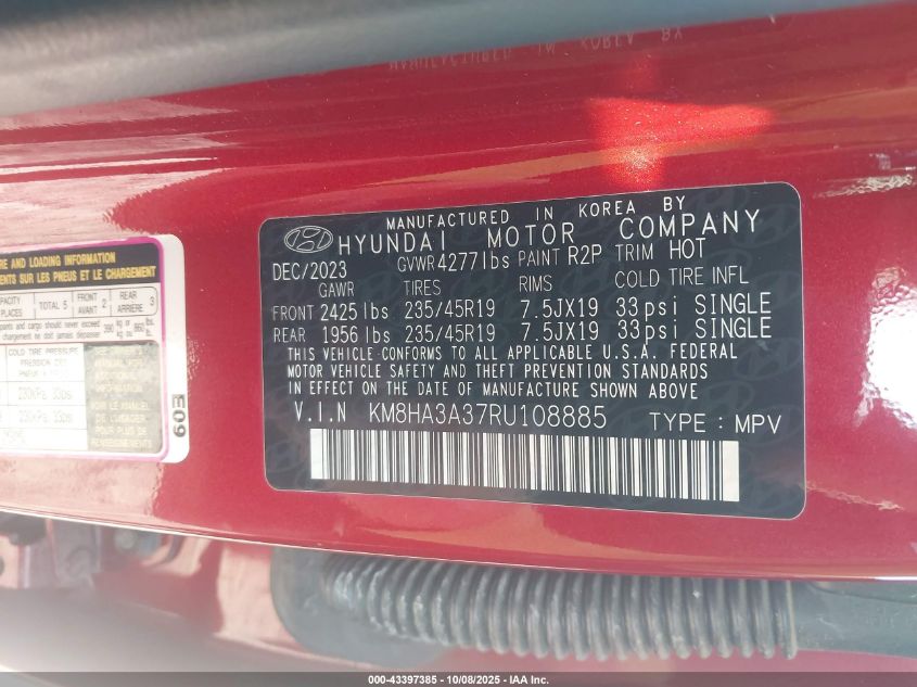 2024 Hyundai Kona N Line VIN: KM8HA3A37RU108885 Lot: 43397385