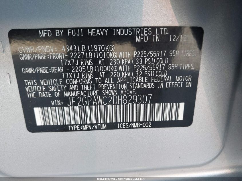 2013 Subaru Xv Crosstrek 2.0I Premium VIN: JF2GPAWC2DH829307 Lot: 43397394