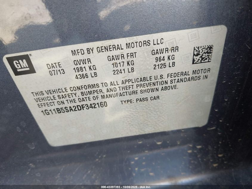 2013 Chevrolet Malibu 1Ls VIN: 1G11B5SA2DF342160 Lot: 43397393