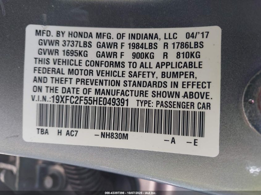 2017 Honda Civic Lx VIN: 19XFC2F55HE049391 Lot: 43397398