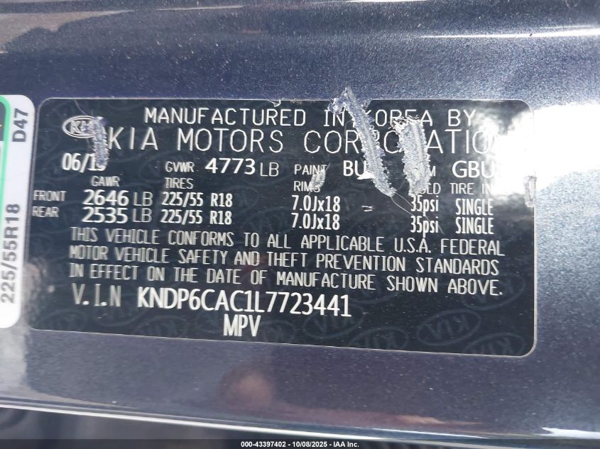 2020 Kia Sportage S VIN: KNDP6CAC1L7723441 Lot: 43397402