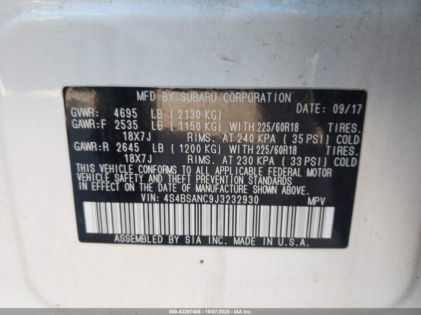 2018 Subaru Outback 2.5I Limited VIN: 4S4BSANC9J3232930 Lot: 43397408