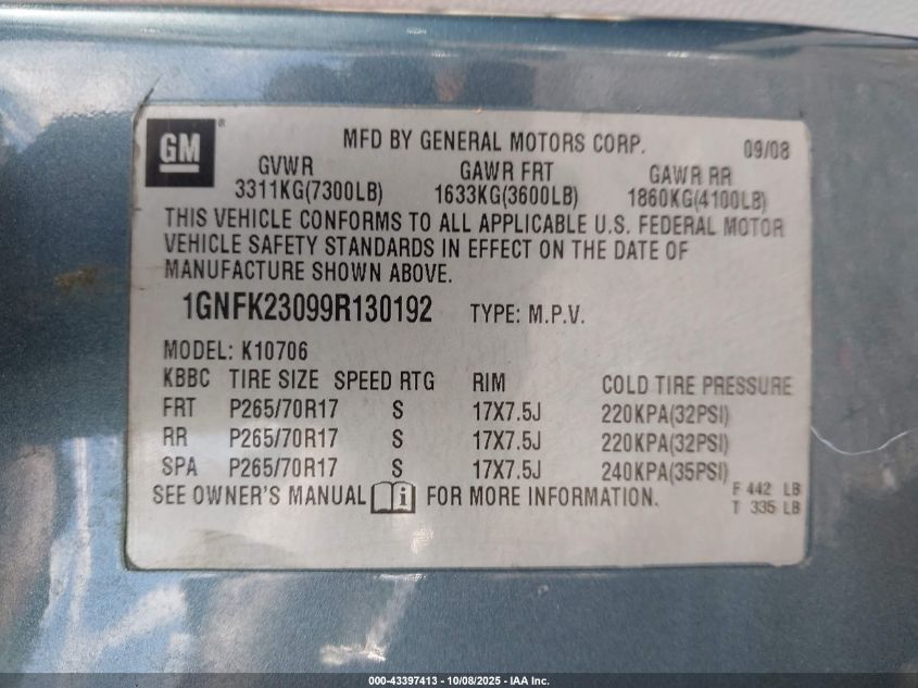 2009 Chevrolet Tahoe Lt1 VIN: 1GNFK23099R130192 Lot: 43397413