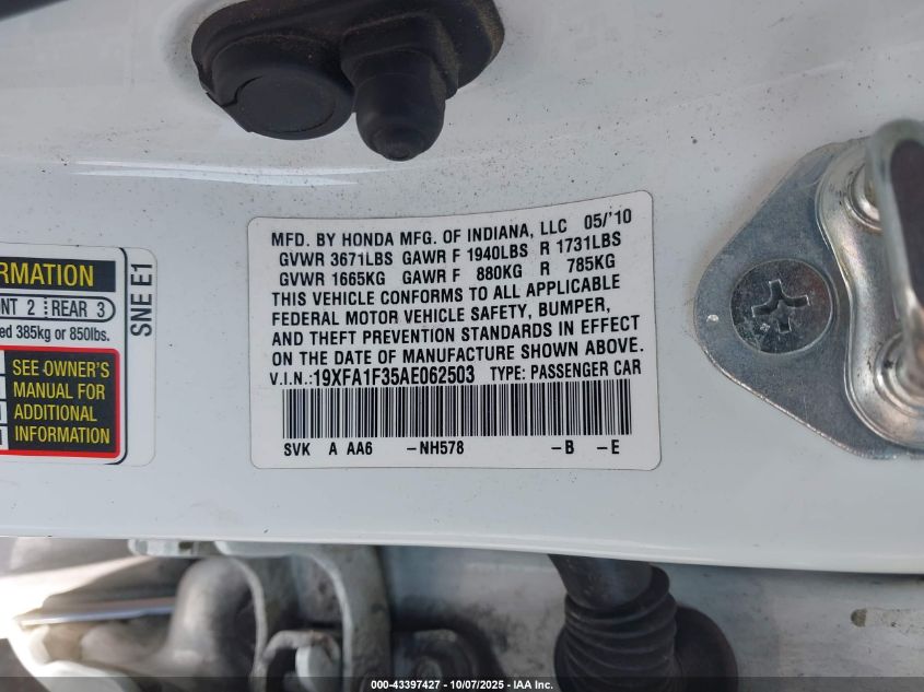 2010 Honda Civic Vp VIN: 19XFA1F35AE062503 Lot: 43397427