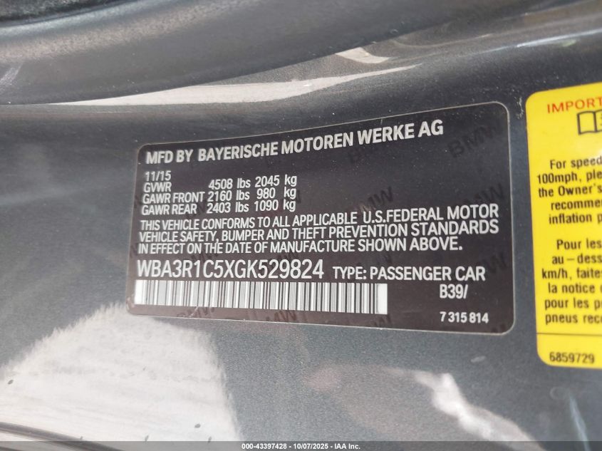 2016 BMW 435I VIN: WBA3R1C5XGK529824 Lot: 43397428