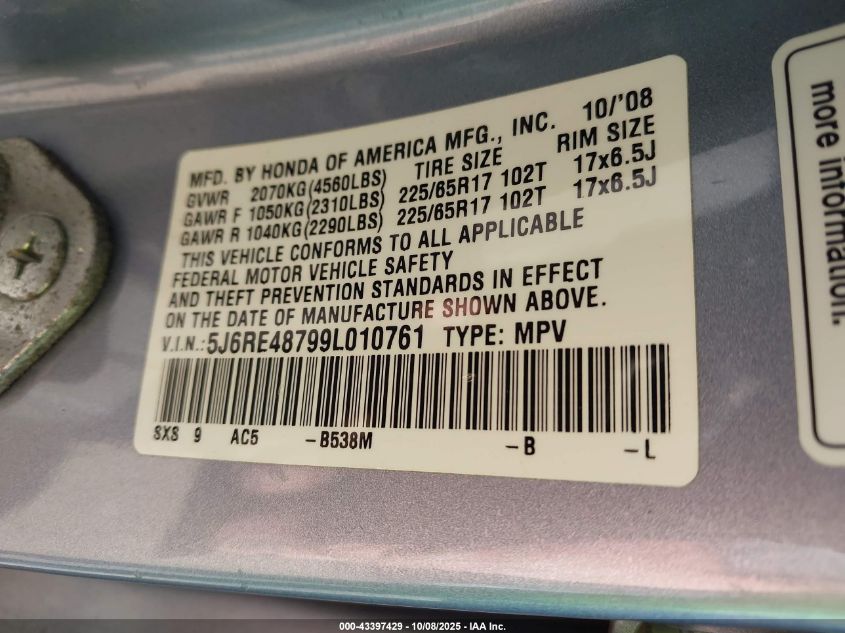 2009 Honda Cr-V Ex-L VIN: 5J6RE48799L010761 Lot: 43397429