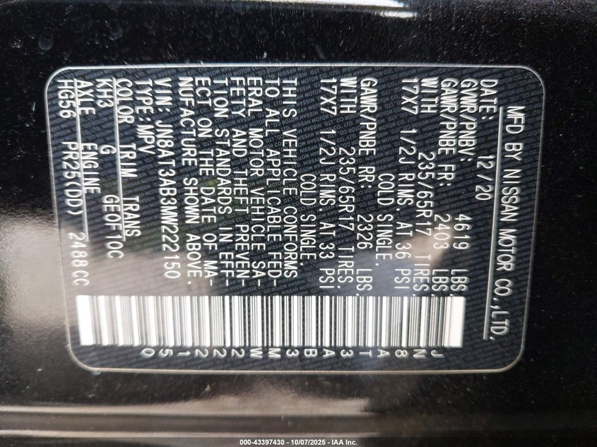 2021 Nissan Rogue S Intelligent Awd VIN: JN8AT3AB3MW222150 Lot: 43397430