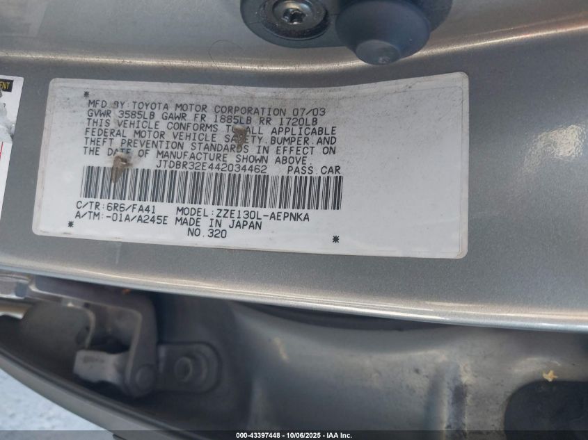 2004 Toyota Corolla Le VIN: JTDBR32E442034462 Lot: 43397448