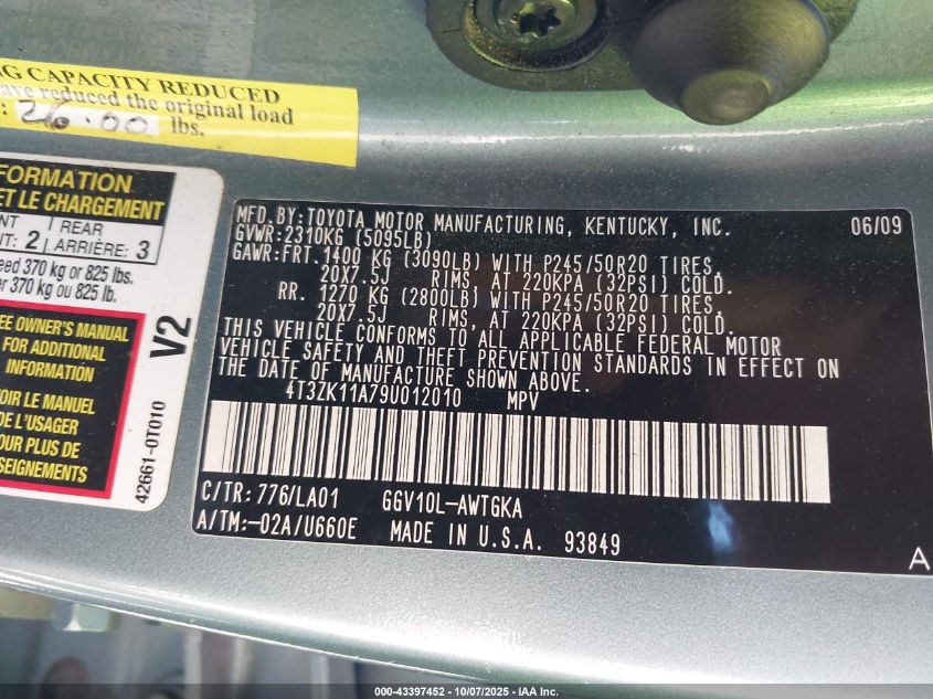 2009 Toyota Venza Base V6 VIN: 4T3ZK11A79U012010 Lot: 43397452