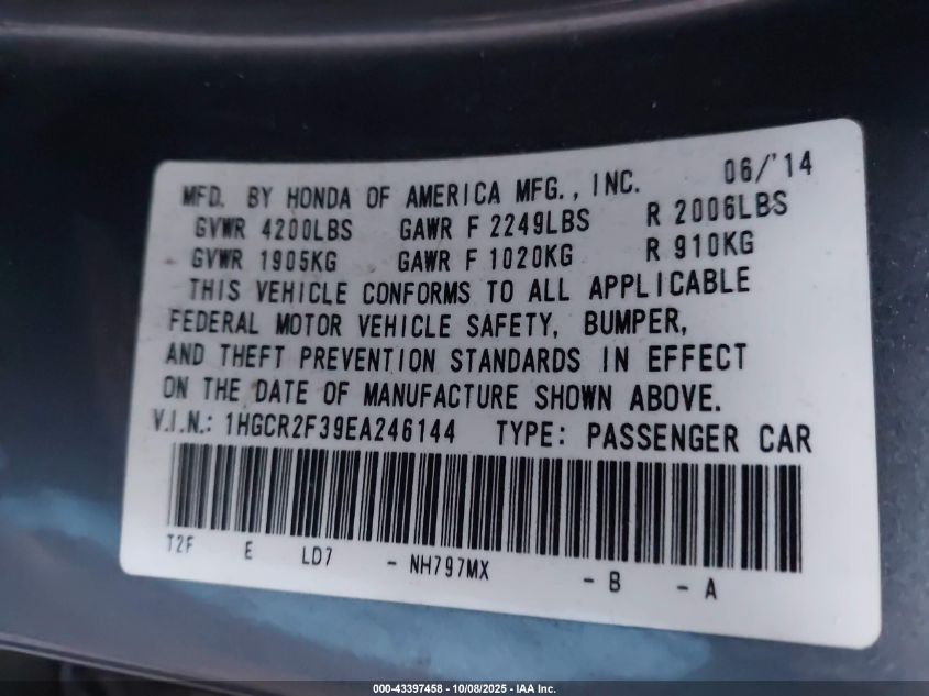 2014 Honda Accord Lx VIN: 1HGCR2F39EA246144 Lot: 43397458