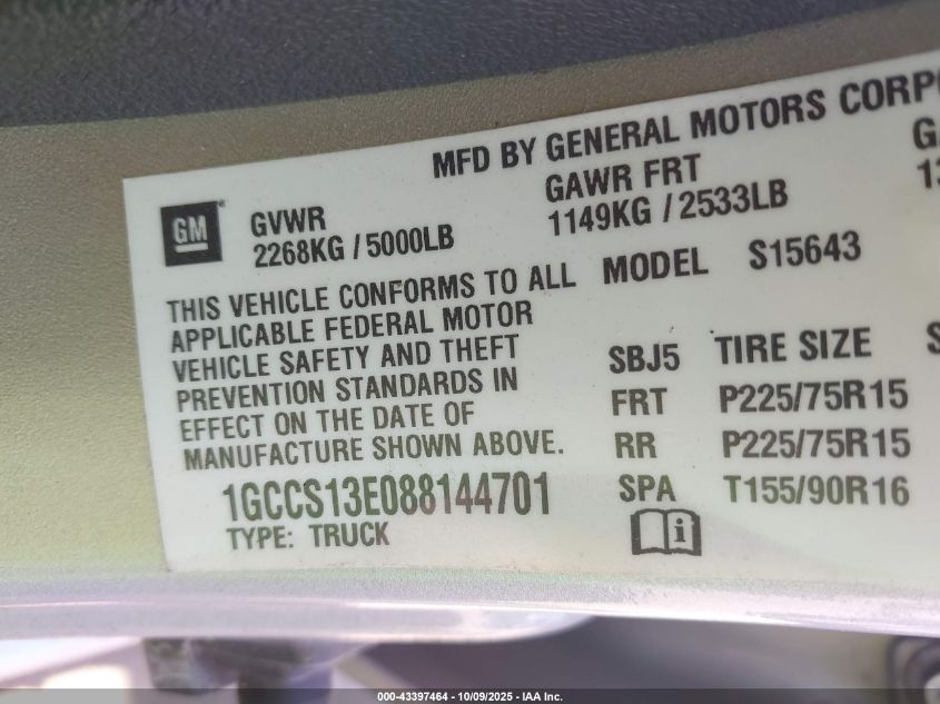 2008 Chevrolet Colorado Lt VIN: 1GCCS13E088144701 Lot: 43397464