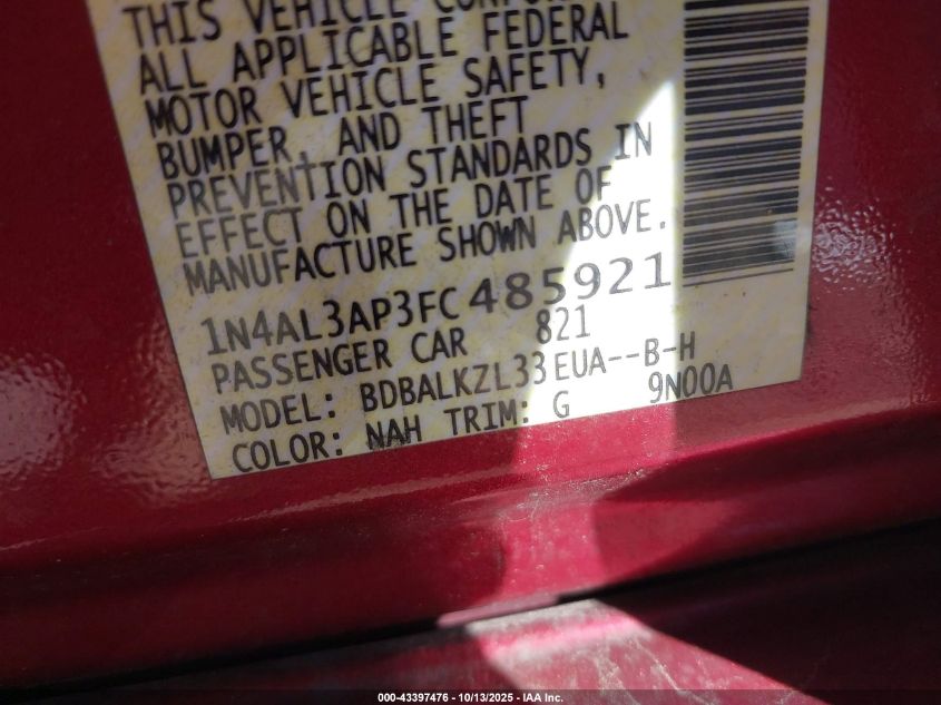 2015 Nissan Altima 2.5 Sv VIN: 1N4AL3AP3FC485921 Lot: 43397476