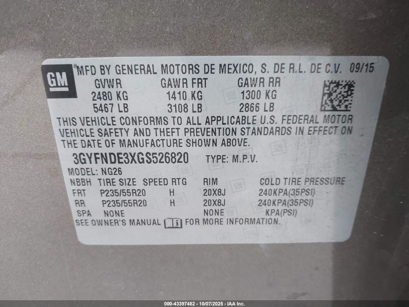 2016 Cadillac Srx Premium Collection VIN: 3GYFNDE3XGS526820 Lot: 43397482