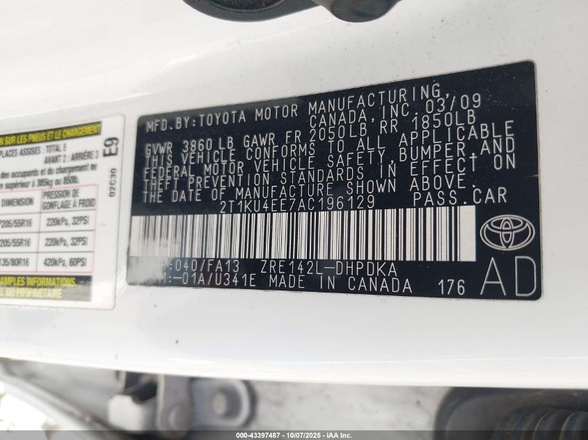 2010 Toyota Matrix VIN: 2T1KU4EE7AC196129 Lot: 43397487