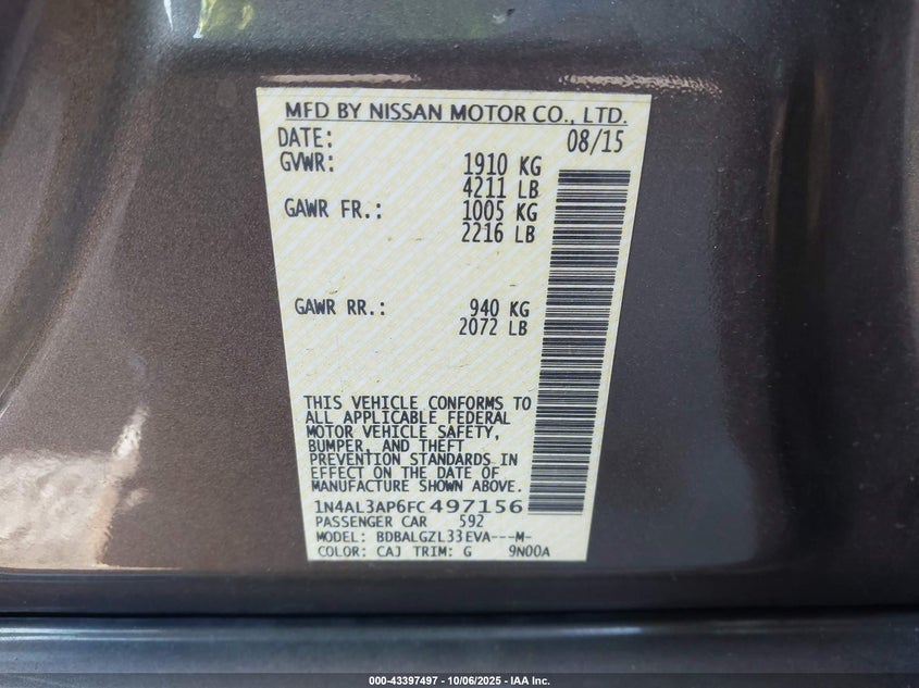 2015 NISSAN ALTIMA 2.5 S 1N4AL3AP6FC497156