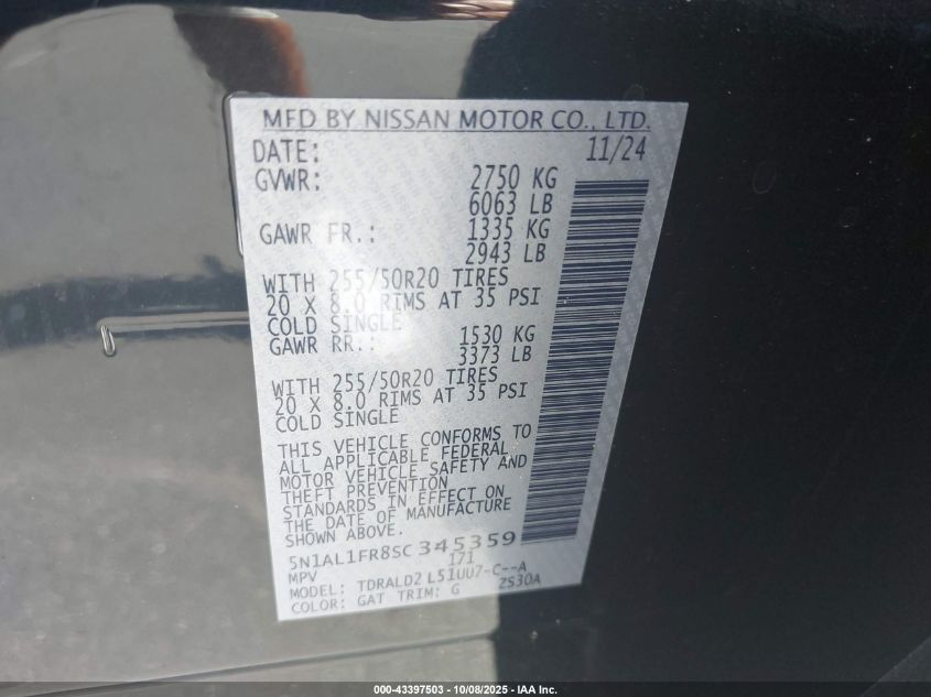 2025 Infiniti Qx60 Luxe VIN: 5N1AL1FR8SC345359 Lot: 43397503