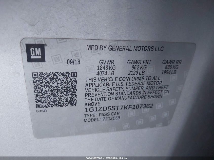 2019 Chevrolet Malibu Lt VIN: 1G1ZD5ST7KF107362 Lot: 43397506