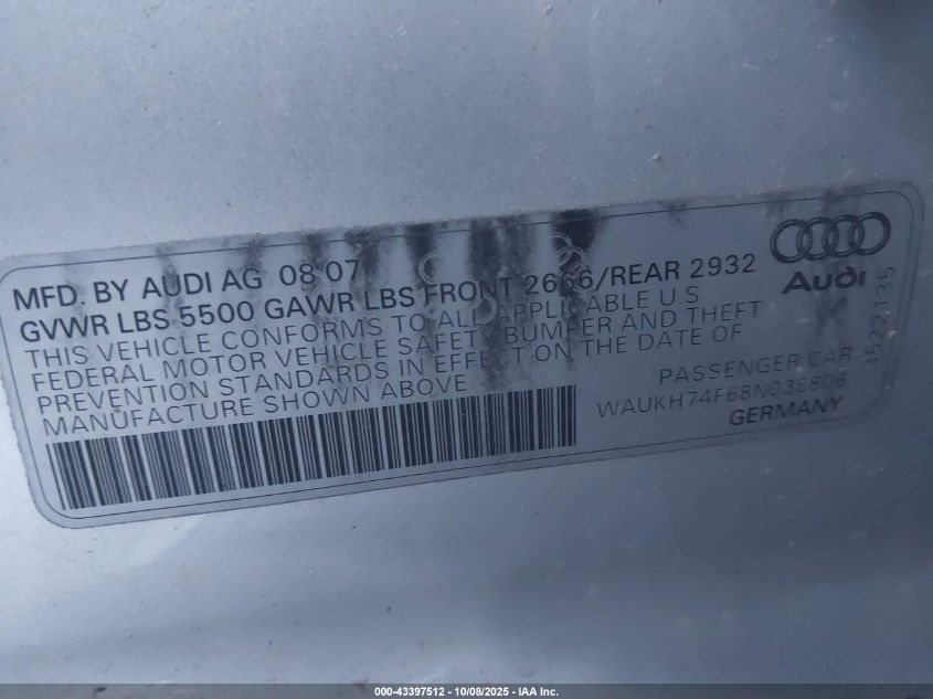 2008 Audi A6 3.2 Avant VIN: WAUKH74F68N038806 Lot: 43397512