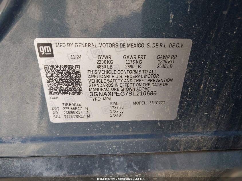 2025 Chevrolet Equinox Awd Lt VIN: 3GNAXPEG7SL210686 Lot: 43397525