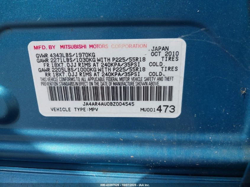 2011 Mitsubishi Outlander Sport Se VIN: JA4AR4AU0BZ004545 Lot: 43397526