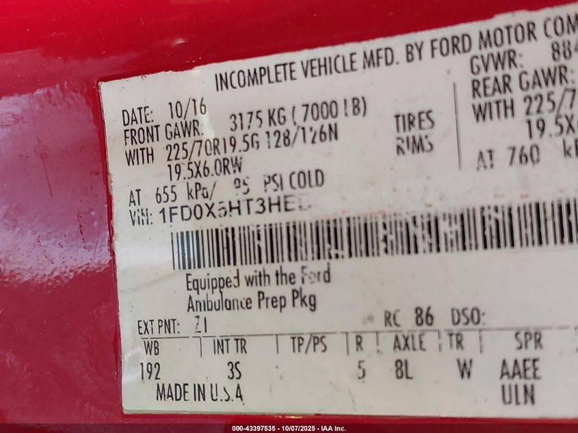 2017 Ford F-550 Chassis Lariat/Xl/Xlt VIN: 1FD0X5HT3HEB80955 Lot: 43397535