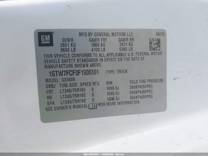 2015 GMC Savana 2500 Work Van VIN: 1GTW7FCF0F1908301 Lot: 43397537