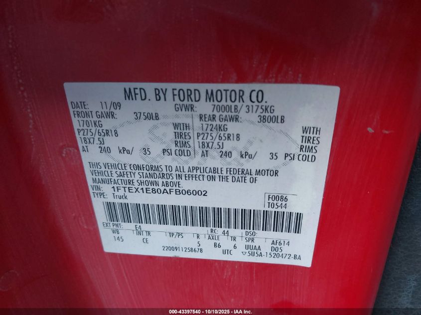2010 Ford F-150 Stx/Xl/Xlt VIN: 1FTEX1E80AFB06002 Lot: 43397540