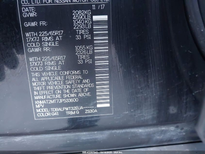 2018 Nissan Rogue S VIN: KNMAT2MT7JP533600 Lot: 43397543