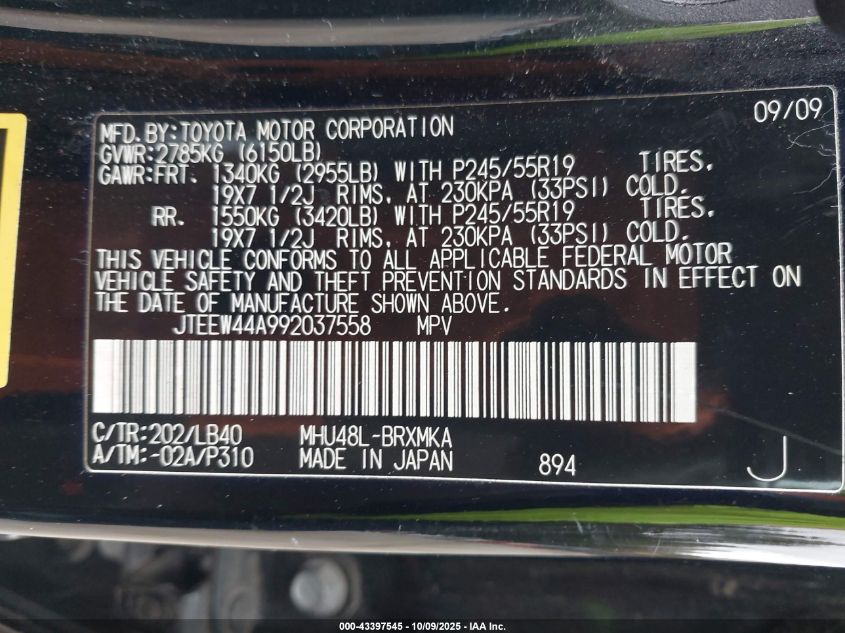 2009 Toyota Highlander Hybrid Limited VIN: JTEEW44A992037558 Lot: 43397545