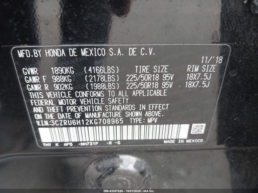 2019 Honda Hr-V Sport VIN: 3CZRU6H12KG708965 Lot: 43397546