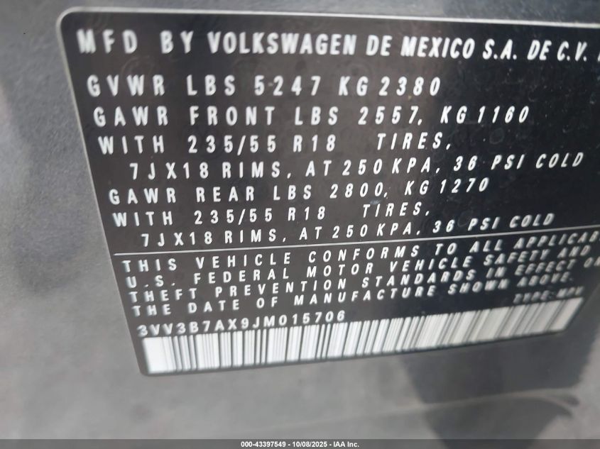 2018 Volkswagen Tiguan 2.0T Se/2.0T Sel VIN: 3VV3B7AX9JM015706 Lot: 43397549