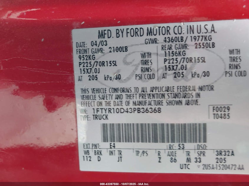 2003 Ford Ranger Xl/Xlt VIN: 1FTYR10D43PB36368 Lot: 43397550