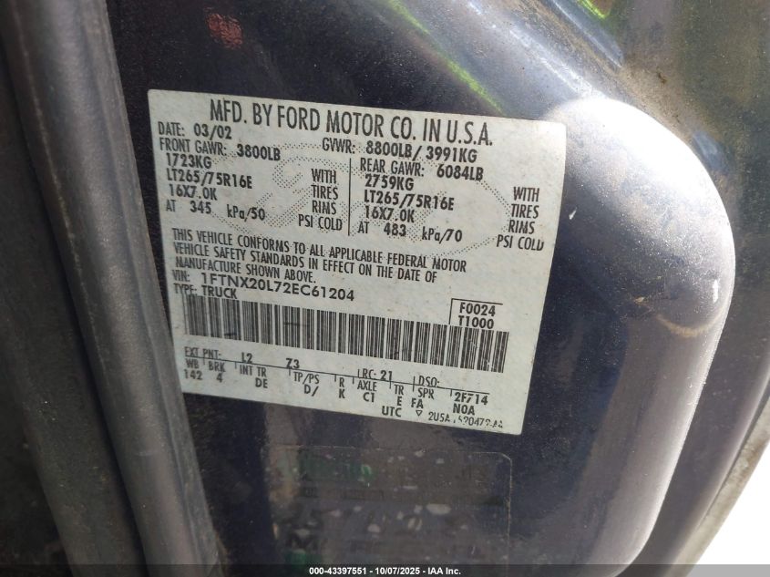 2002 Ford F-250 Lariat/Xl/Xlt VIN: 1FTNX20L72EC61204 Lot: 43397551