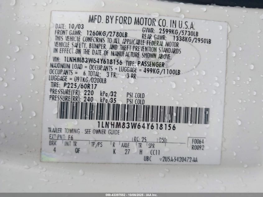 2004 Lincoln Town Car Ultimate VIN: 1LNHM83W64Y618156 Lot: 43397552