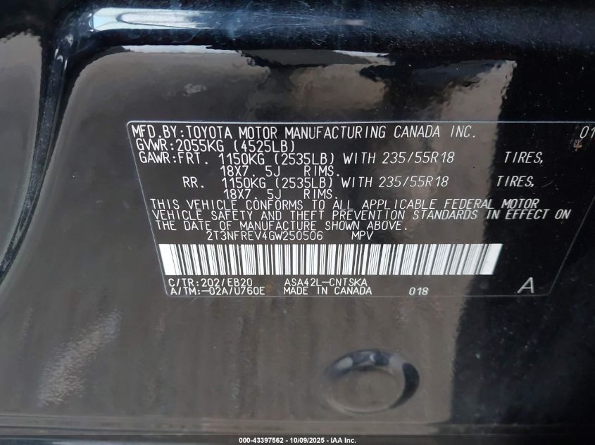 2016 Toyota Rav4 Se VIN: 2T3NFREV4GW250506 Lot: 43397562