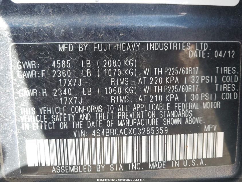 2012 Subaru Outback 2.5I VIN: 4S4BRCACXC3285359 Lot: 43397563