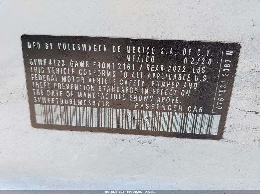 2020 Volkswagen Jetta 1.4T Sel VIN: 3VWEB7BU6LM036718 Lot: 43397564