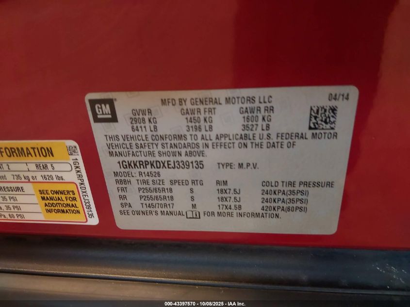 2014 GMC Acadia Sle-2 VIN: 1GKKRPKDXEJ339135 Lot: 43397570