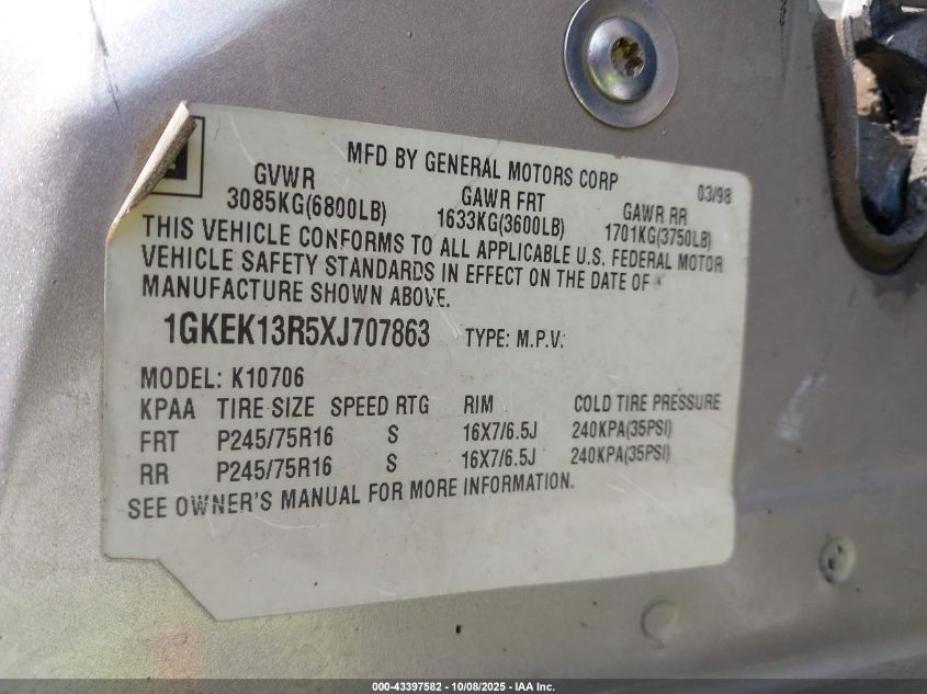 1999 GMC Yukon Sle VIN: 1GKEK13R5XJ707863 Lot: 43397582
