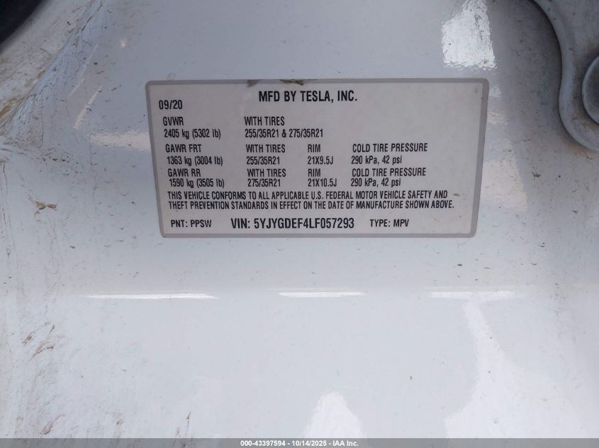 2020 Tesla Model Y Long Range Dual Motor All-Wheel Drive/Performance Dual Motor All-Wheel Drive VIN: 5YJYGDEF4LF057293 Lot: 43397594