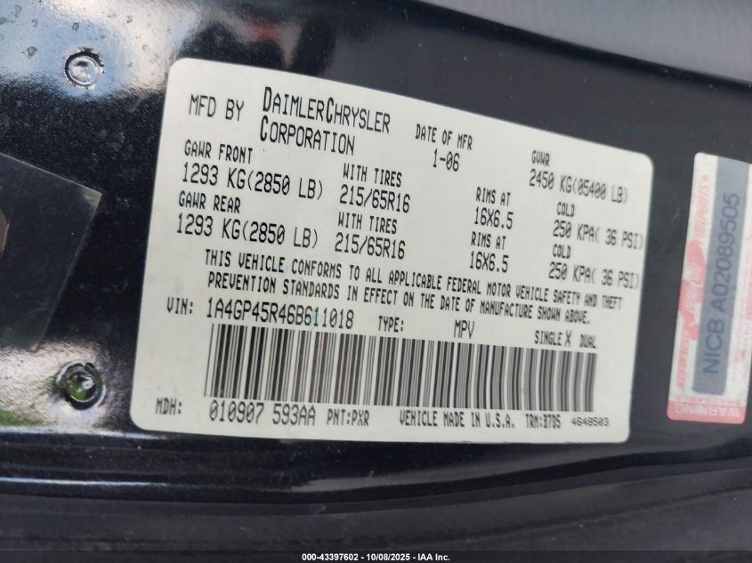 2006 Chrysler Town & Country VIN: 1A4GP45R46B611018 Lot: 43397602