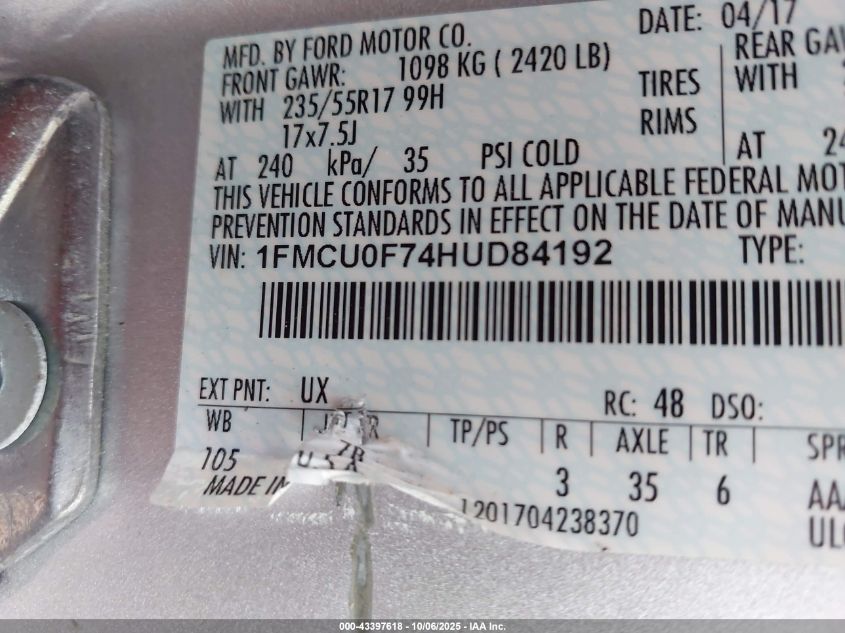 2017 Ford Escape S VIN: 1FMCU0F74HUD84192 Lot: 43397618