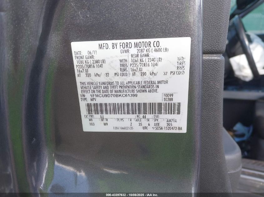 2011 Ford Escape Xlt VIN: 1FMCU9D70BKC61399 Lot: 43397632