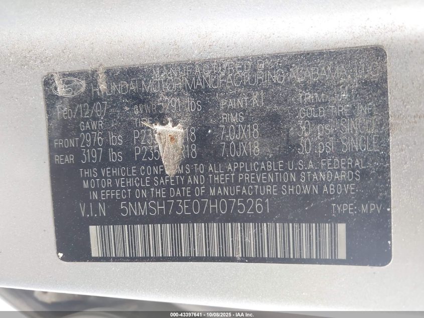 2007 Hyundai Santa Fe Limited/Se VIN: 5NMSH73E07H075261 Lot: 43397641
